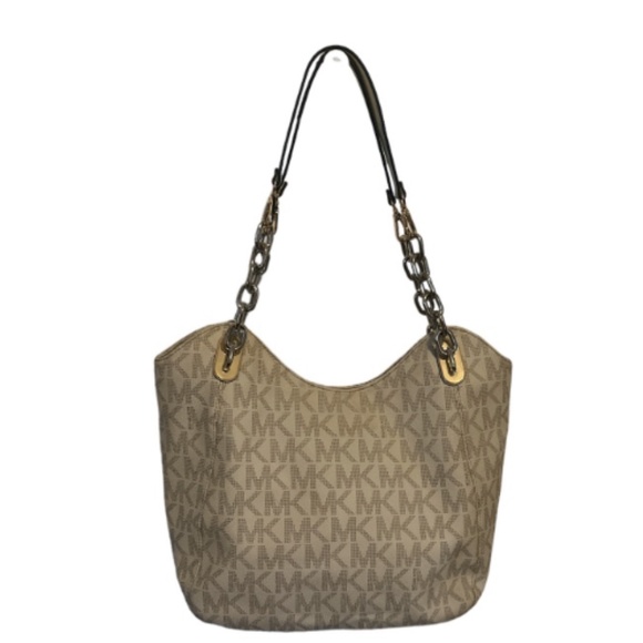 Michael Kors White Monogram Gold Chain "Lilly Tote" Shoulder Bag - Picture 1 of 13
